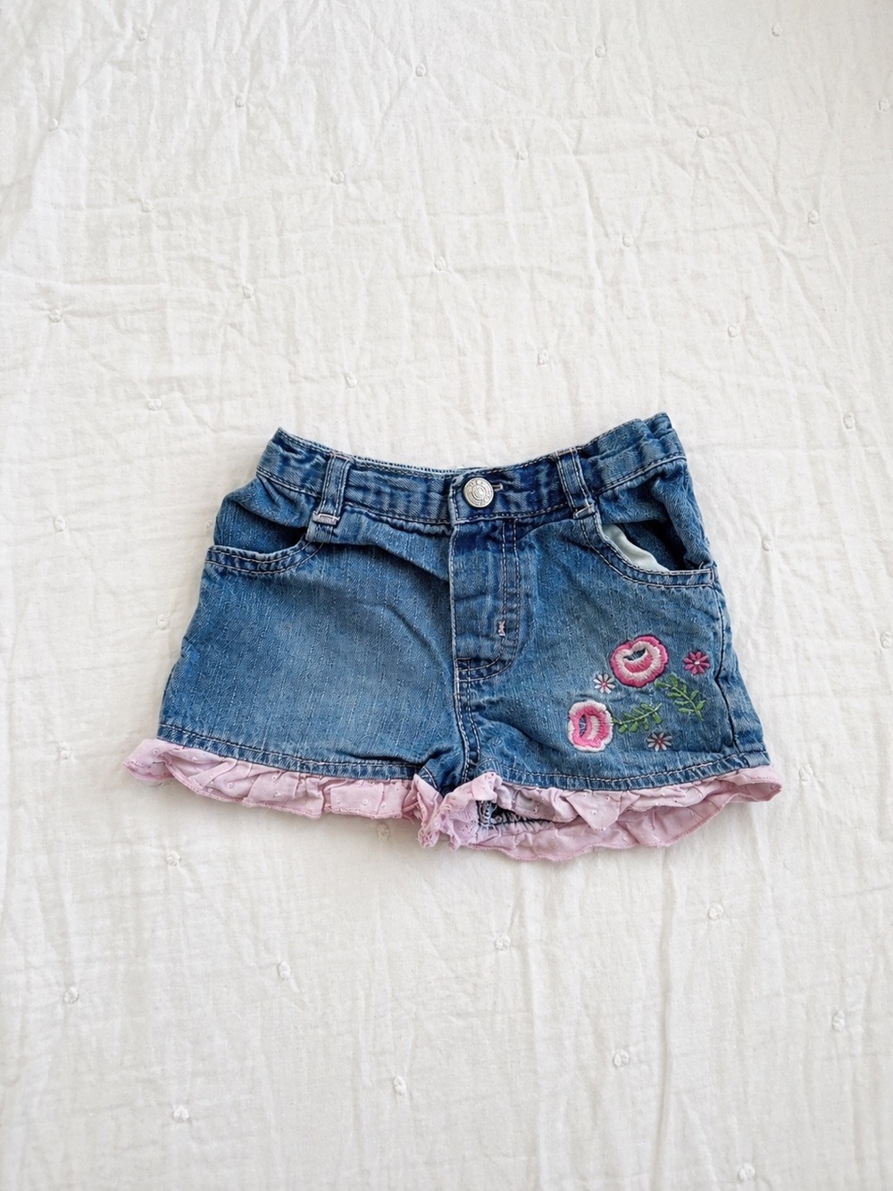 baby girls floral embroidered denim ruffle shorts